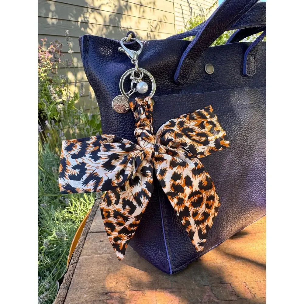 Fabric Satin Animal Print Bow Bag Charm Neutral Leopard Print Purse Charm